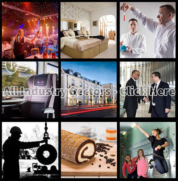 Nine-panel collage of photos showing diverse industries: events, hospitality, science, transport, real estate, business, construction, food, and youth activities.