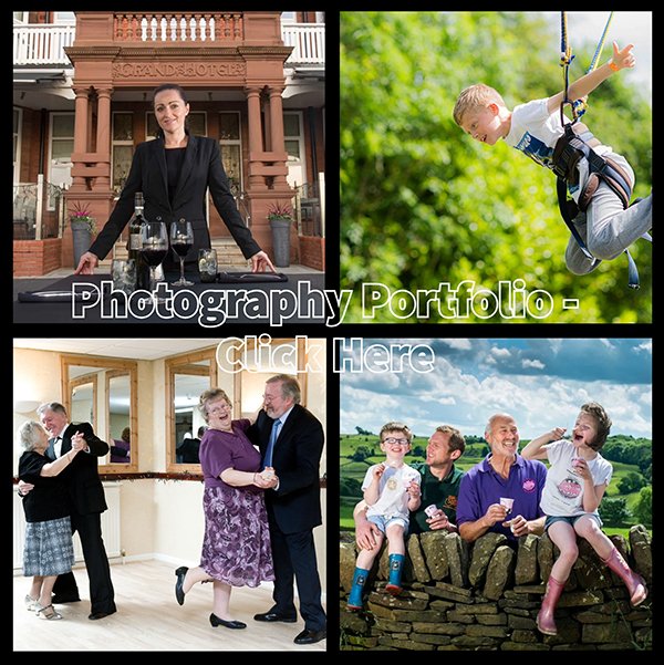 A four-panel photography portfolio: hotel manager, boy on zip line, dancing couples, and family on a stone wall.