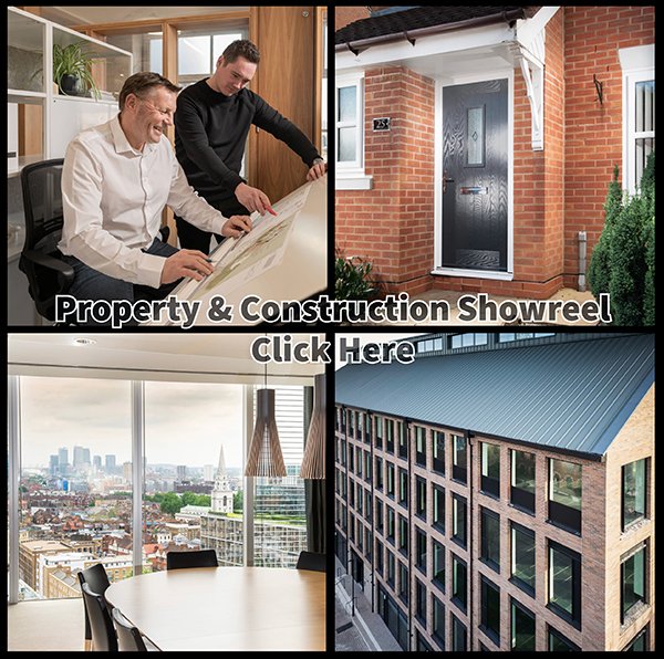Collage: architects with plans, modern front door, city view office, new brick building. Text: Property & Construction Showreel.