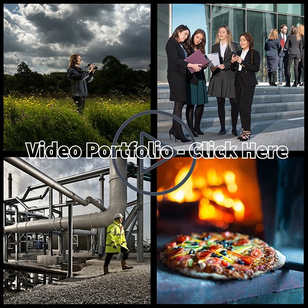 A 4-panel photo collage: woman with binoculars, businesswomen, worker at industrial site, and pizza in oven with play icon.