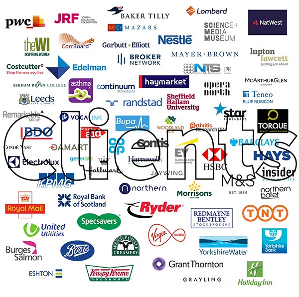 A collage of many diverse company logos on a white background, with the word "Clients" outlined in black superimposed over them.