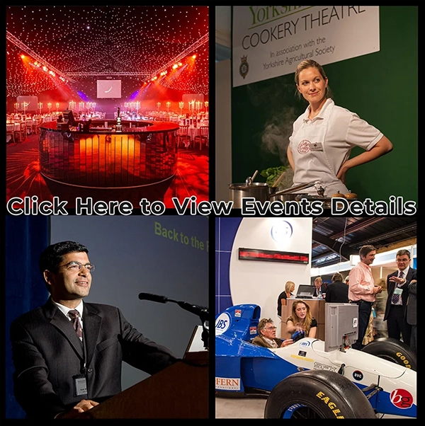 Collage of four event photos: a red-lit hall, a chef cooking, a speaker at a podium, and an exhibition stand with a race car, with overlay text "Click Here to View Events Details".
