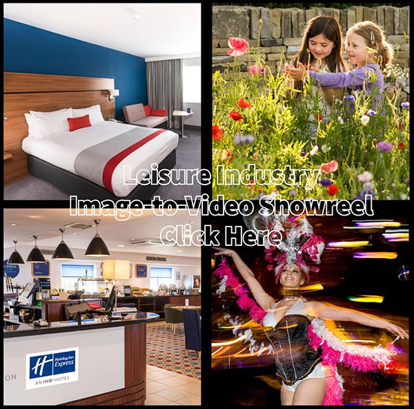 Collage of hotel room, girls in flowers, hotel lobby, dancer with light trails, with "Leisure Industry Image-to-Video Showreel" text.