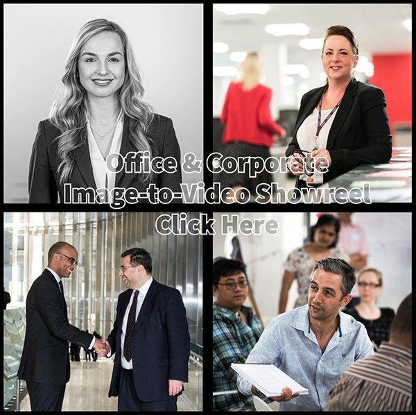 Collage of four corporate photos: B&W portrait, woman in office, two men shaking hands, man presenting at a meeting. Ad for showreel.